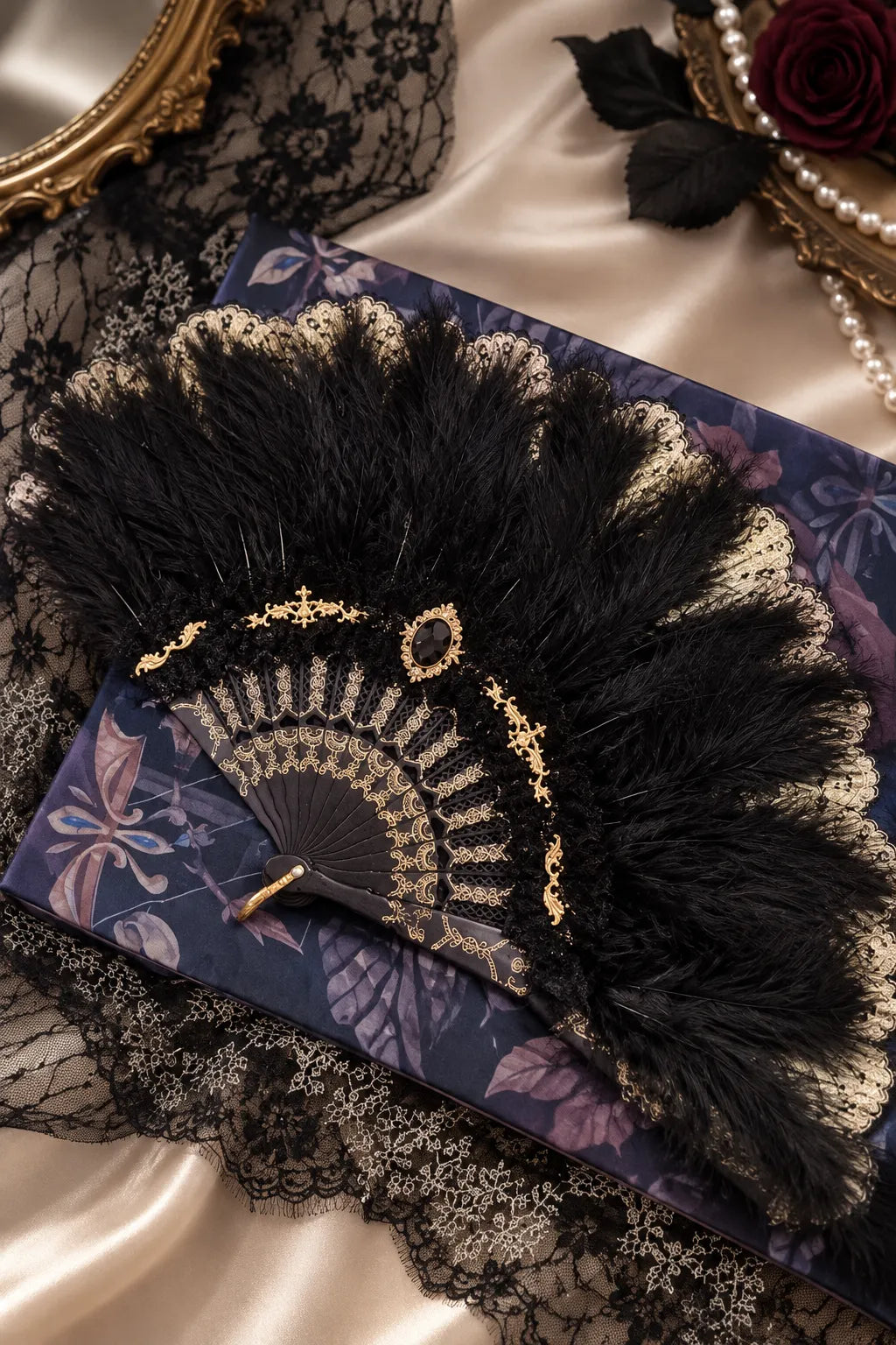 Black Gothic Lolita Feather Hand Fan Flowering Girl
