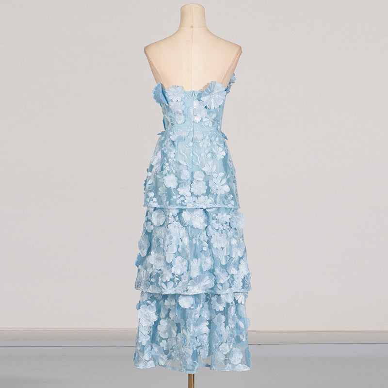 Selene 3D Flower Tiered Maxi Dress In Blue Flowering Girl