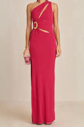 One-Shoulder Cutout Side Slit Maxi Dress In Magenta Flowering Girl