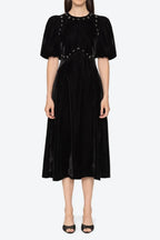 Crystal Embellished Puff Midi Dress In Black Flowering Girl