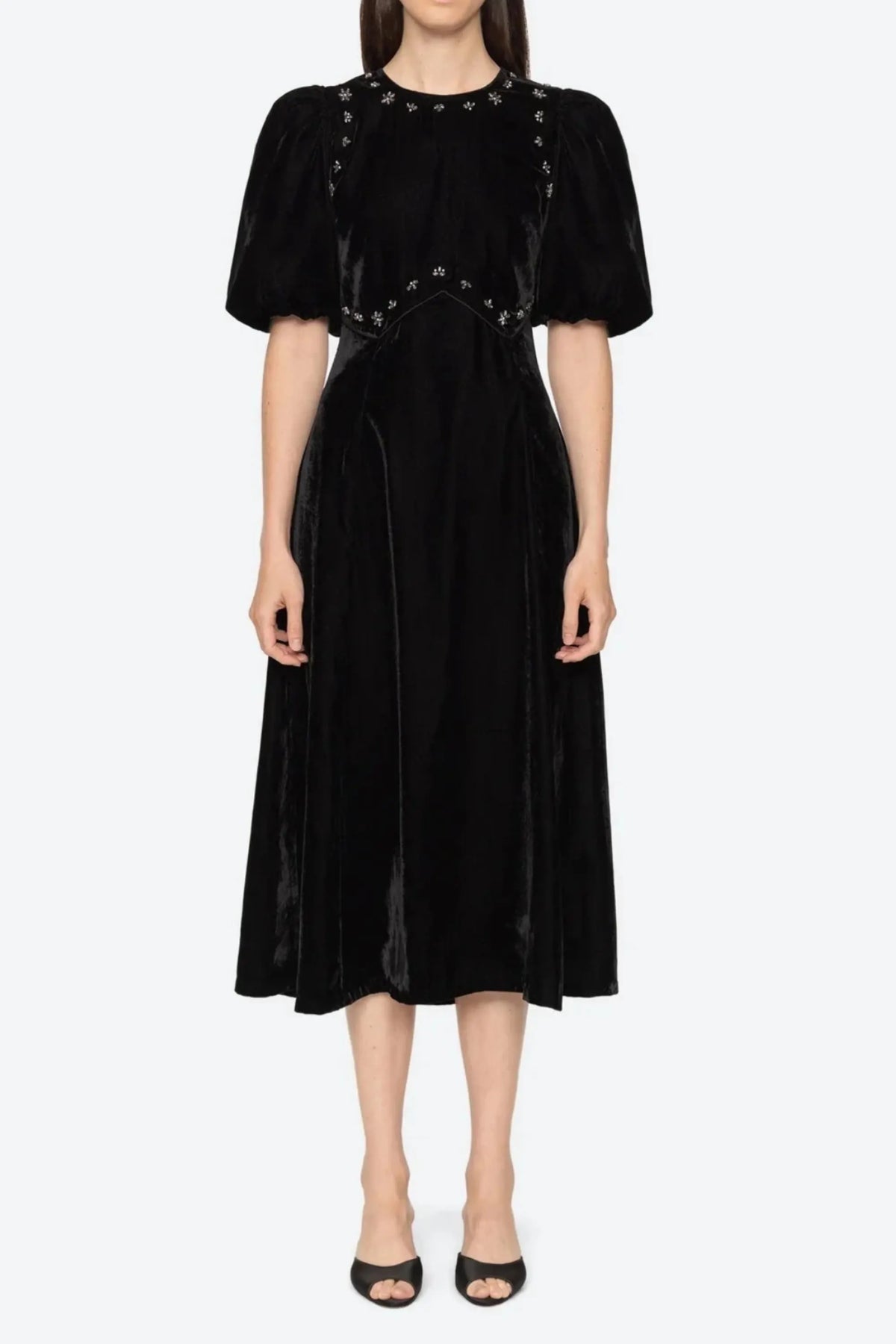 Crystal Embellished Puff Midi Dress In Black Flowering Girl