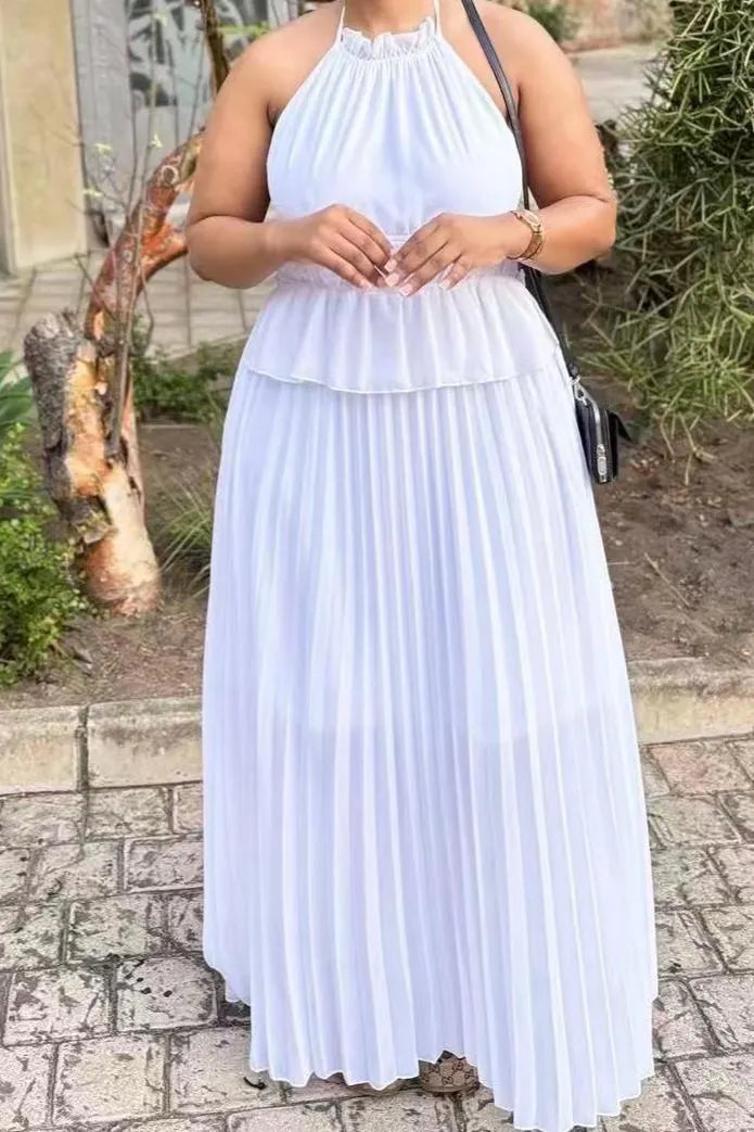 Halter Neck Pleated Maxi Dress Flowering Girl