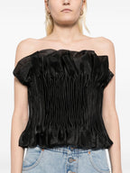 Print Ruffle Trim Top In Black Flowering Girl