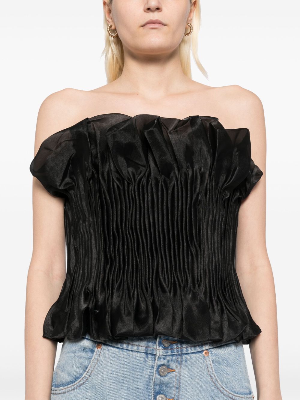 Print Ruffle Trim Top In Black Flowering Girl