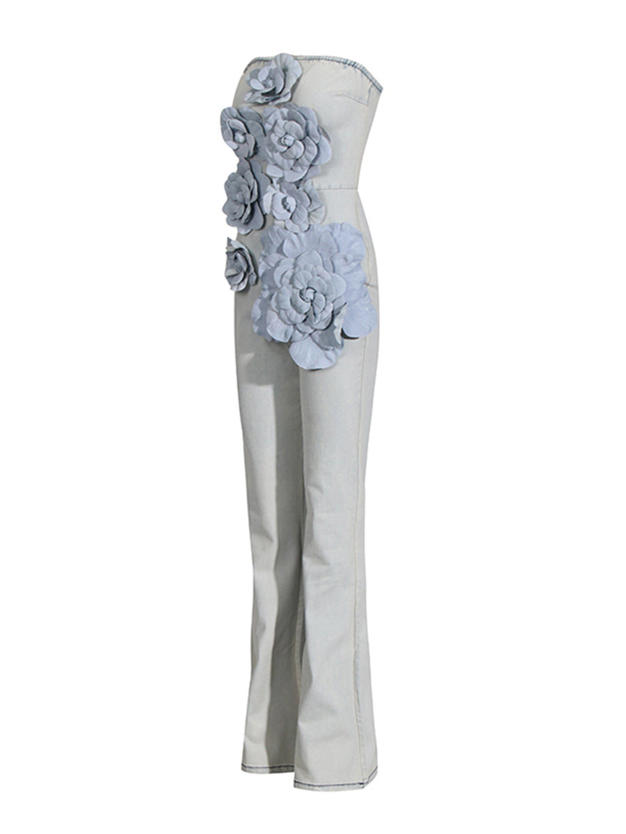 Berlin Floral Denim Jumpsuit in Light Wash Flowering Girl