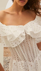 Off-Shoulder Print Mini Dress In White Flowering Girl