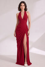 Deep Red Jersey Blend Column with Draped Overlay Gown Flowering Girl