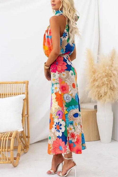 Sleeveless Tie Neck Waisted Floral Print Maxi Dress Flowering Girl