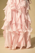 Champagne Shimmer Chiffon High Neck Tie Cuff Ruffled Maxi Gown Flowering Girl