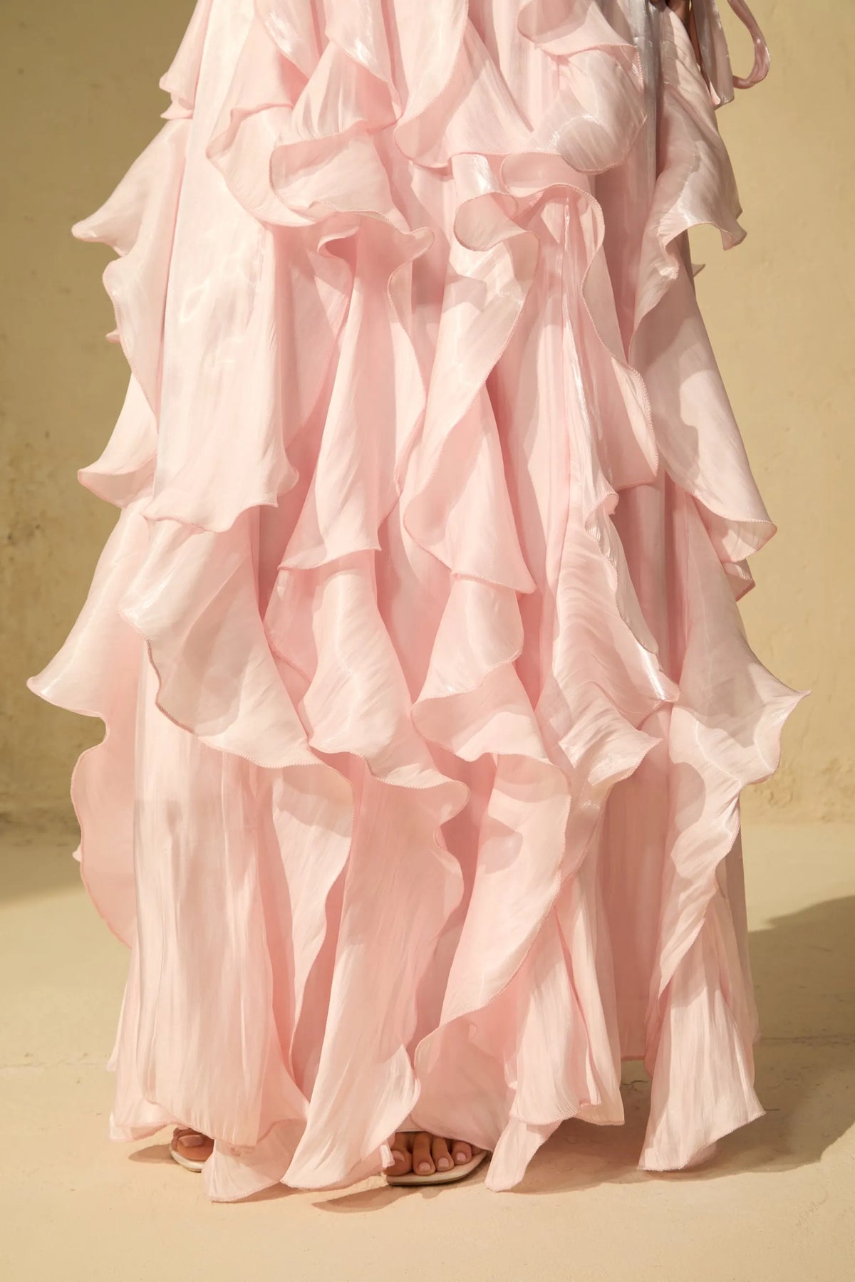 Champagne Shimmer Chiffon High Neck Tie Cuff Ruffled Maxi Gown Flowering Girl