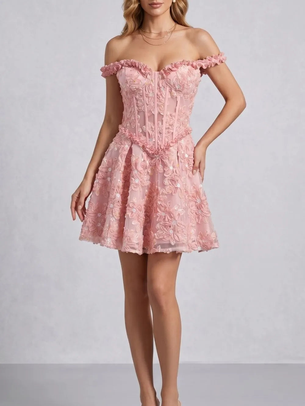 Jyvric Pink Off Shoulder Flower Mini Dress Flowering Girl