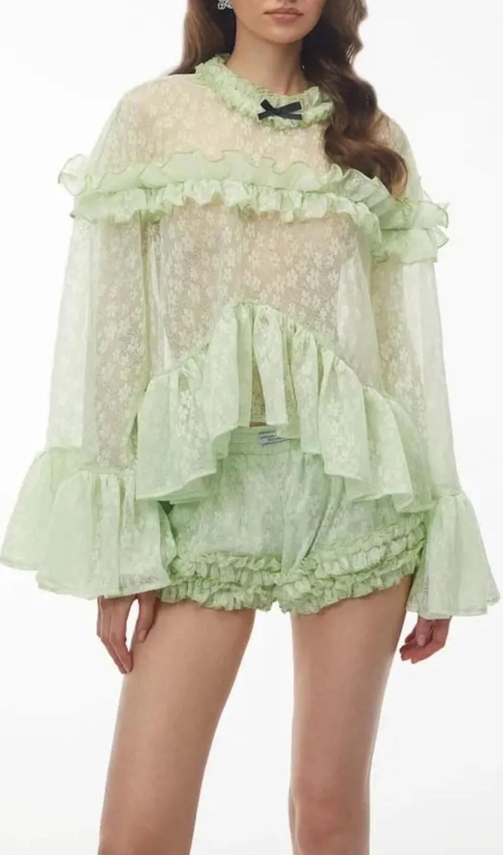 Vanessa Mint Green Floral Lace Ruffled Top & Shorts Set Flowering Girl
