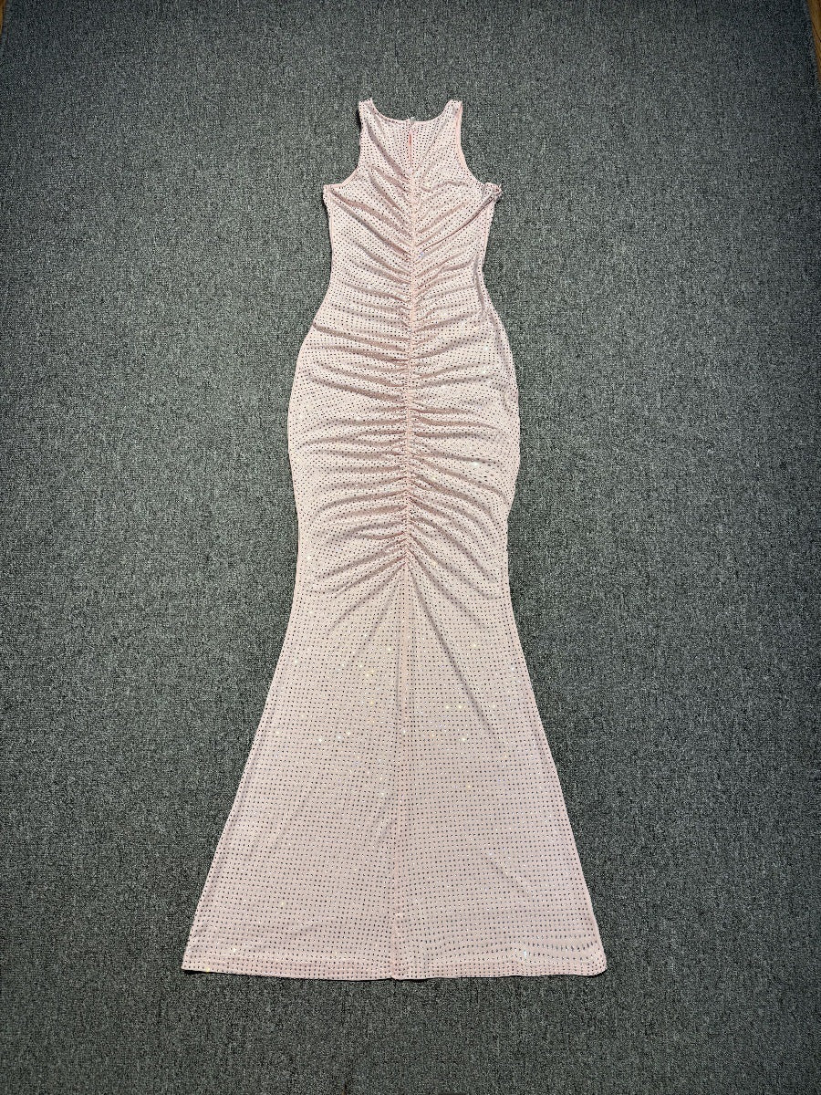Hollow Mesh Rhinestone Sleeveless Maxi Dress In Pink Flowering Girl
