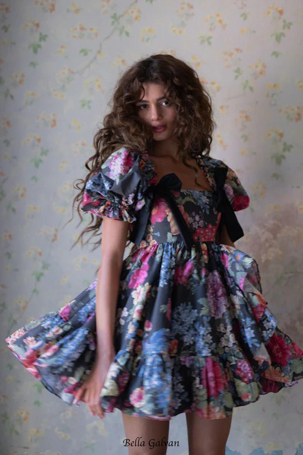 basia floral print ruffle trim hem puff mini dress Flowering Girl