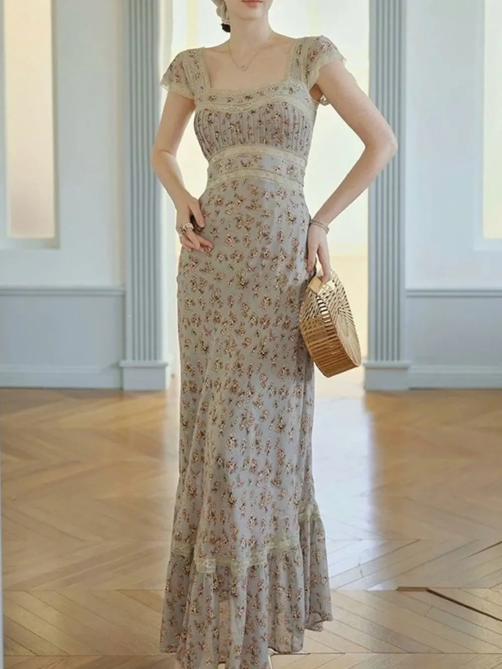 Micaela Blue Floral Lace Maxi Dress Flowering Girl