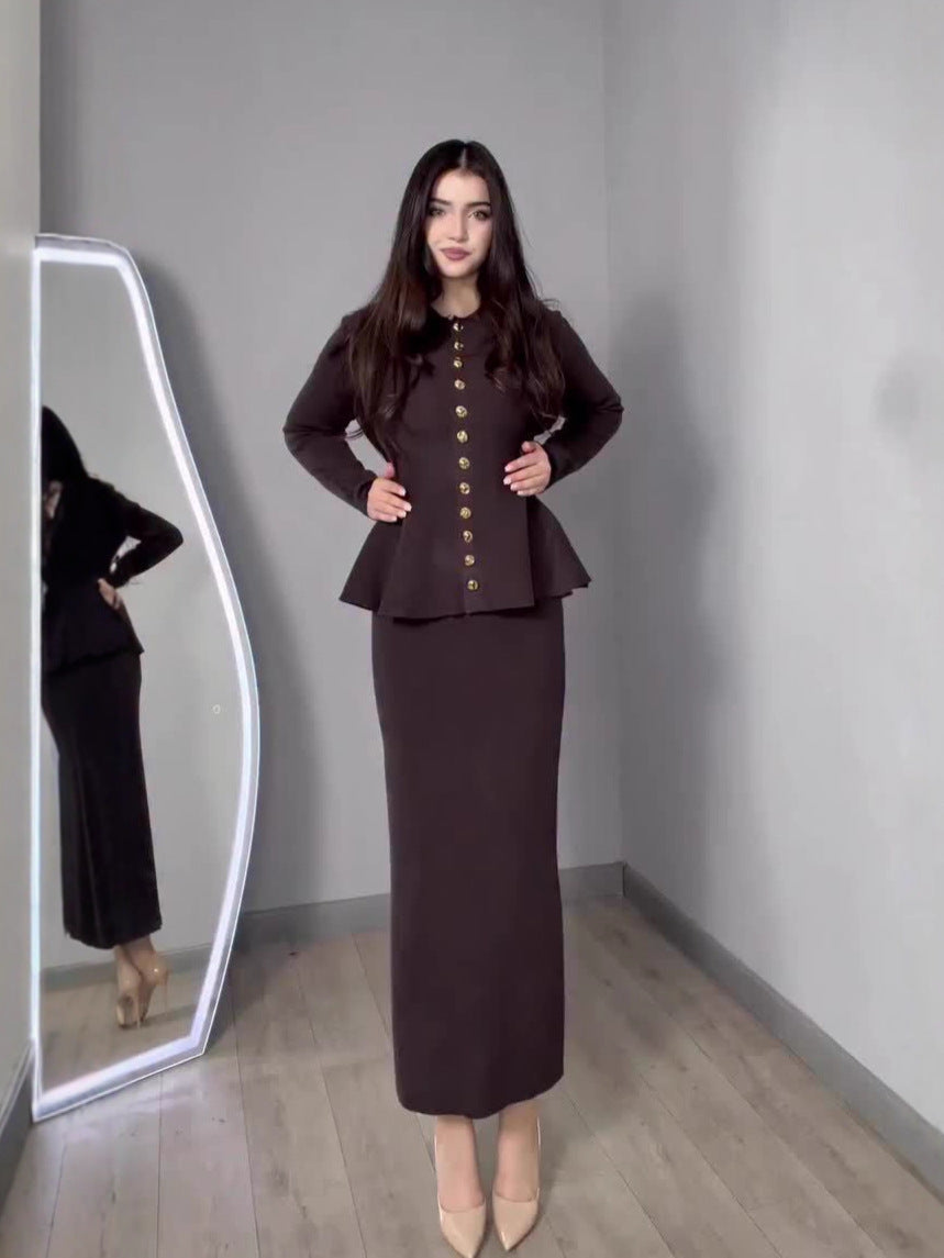 Brown Long-Sleeved Long Skirt Suit Flowering Girl