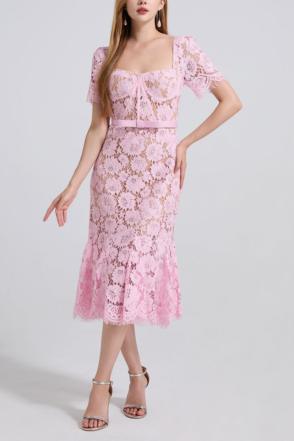 SQUARE NECK LACE MIDI DRESS IN PINK Flowering Girl