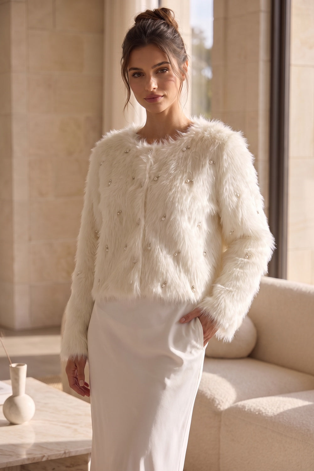 Off-White Faux Fur Shaggy Knit Cardigan With Pearl Embellishments Flowering Girl