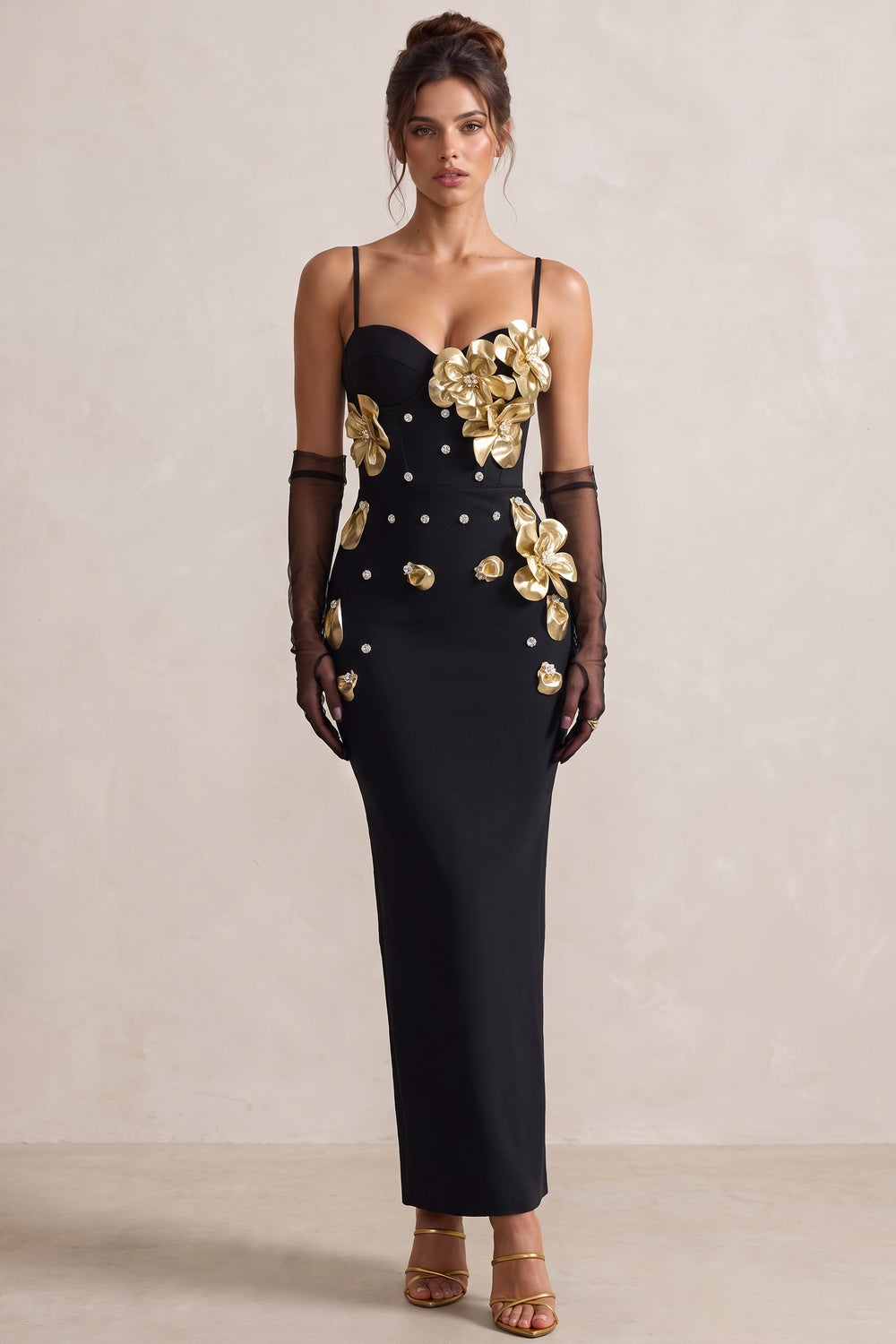 Black Heavy Crepe Column Dress with 3D Metallic Gold Flowers Flowering Girl