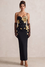 Black Heavy Crepe Column Dress with 3D Metallic Gold Flowers Flowering Girl