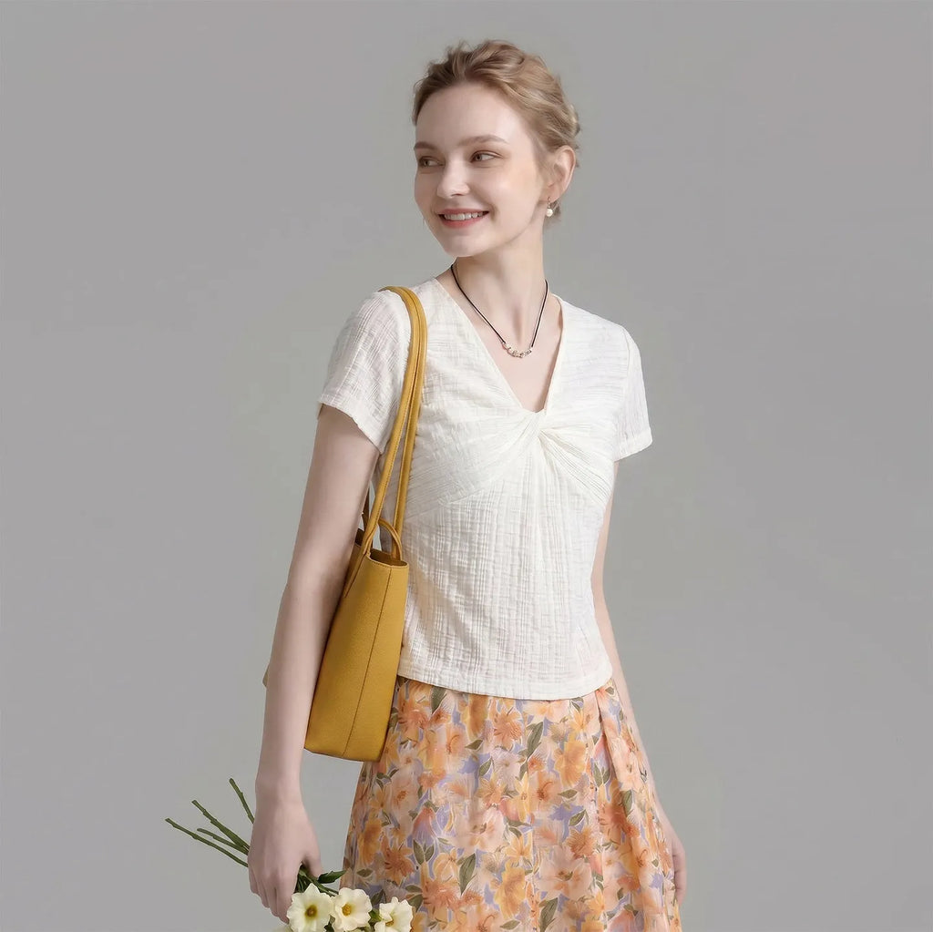 Front Twist V Neck Cap Sleeve Textured Knit Top Flowering Girl