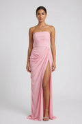 Pastel Pink Lightweight woven crepe or chiffon Column with asymmetric side drape Evening Gown Flowering Girl