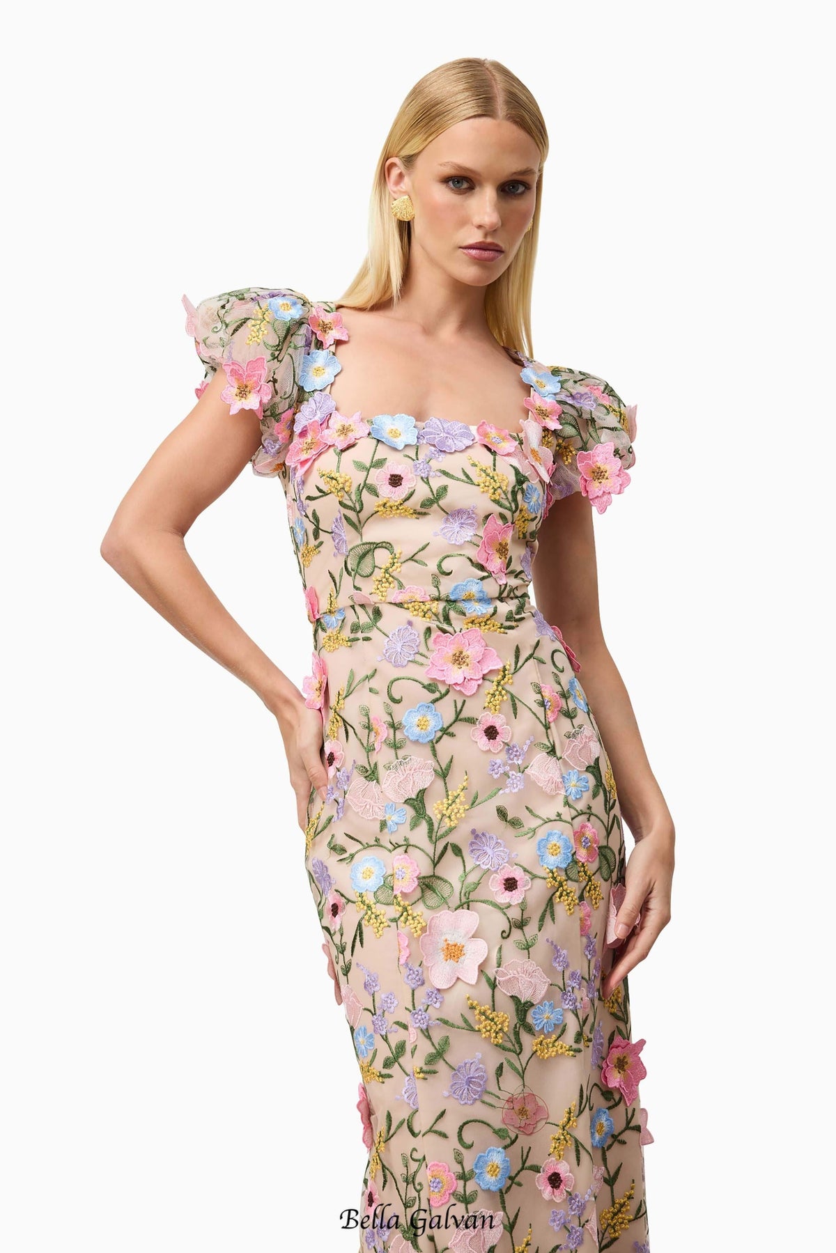 Nydia multicolor Square collar with 3D flower embroidery maxi dress Flowering Girl