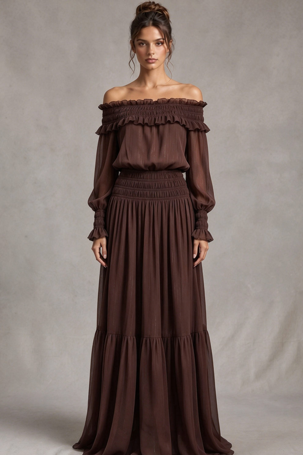 Chocolate Brown Textured Chiffon Blouson Maxi Dress with Tiered Skirt Flowering Girl