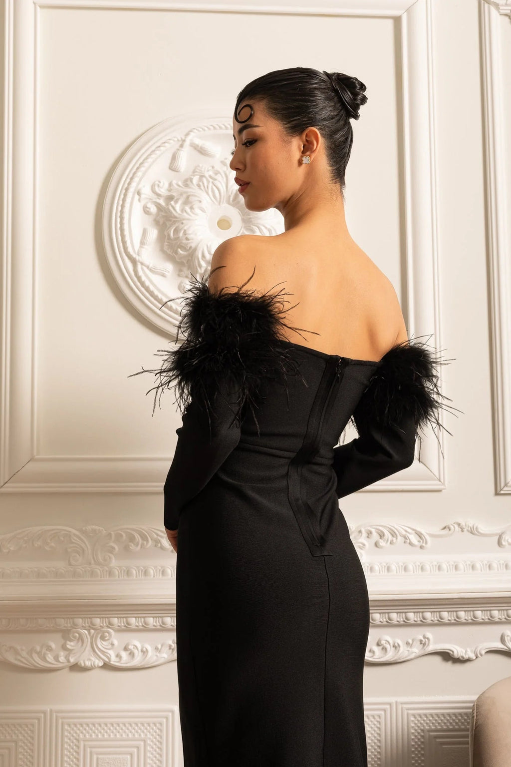 Lara Sequin High Slit Feather Adorned Maxi Dress - Black Flowering Girl