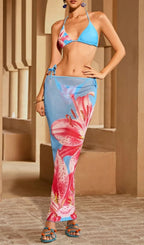 Grynn Floral Bikini Three Piece Set In Blue Flowering Girl