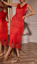 Chava Red V-Neck Fringe Midi Dress Flowering Girl