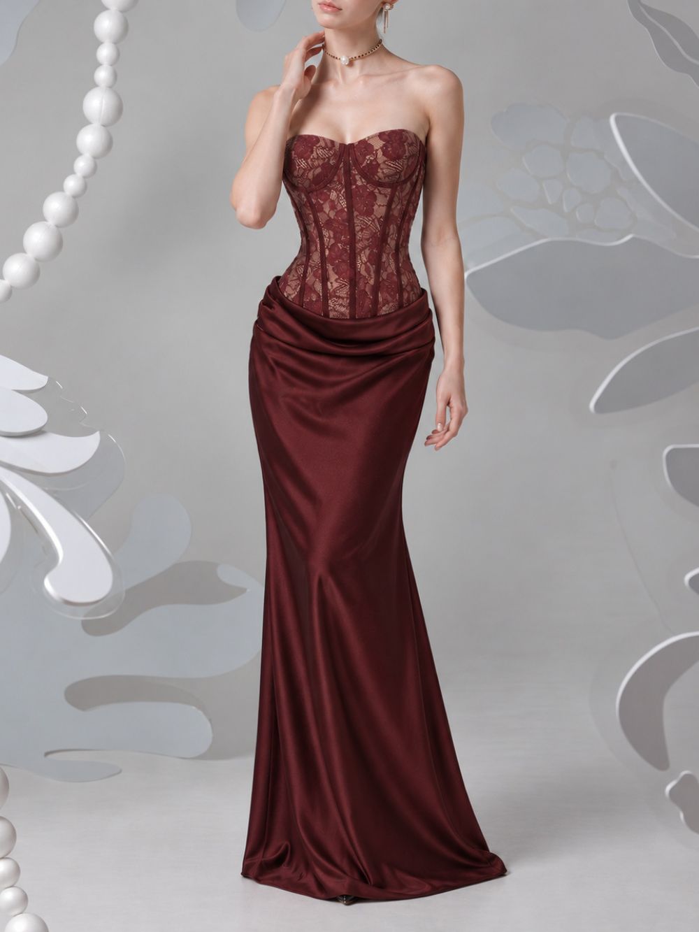 Myli Strapless Lace Ruched Maxi Dress