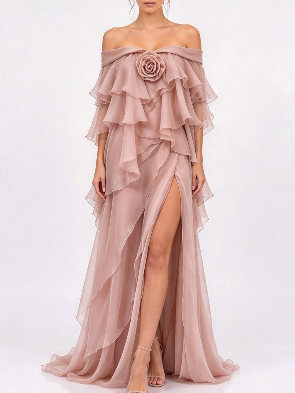 Dusty Pink Chiffon Flowing A-Line Gown with High Slit Flowering Girl