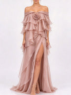 Dusty Pink Chiffon Flowing A-Line Gown with High Slit Flowering Girl