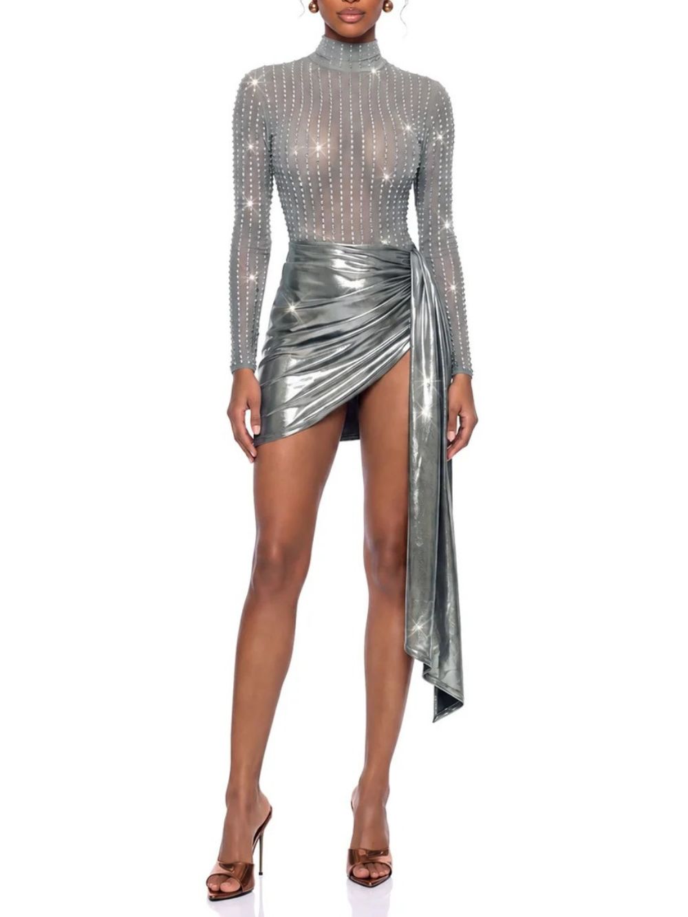 Cuvano Rhinestone Draped Skirt Set In Silver Flowering Girl