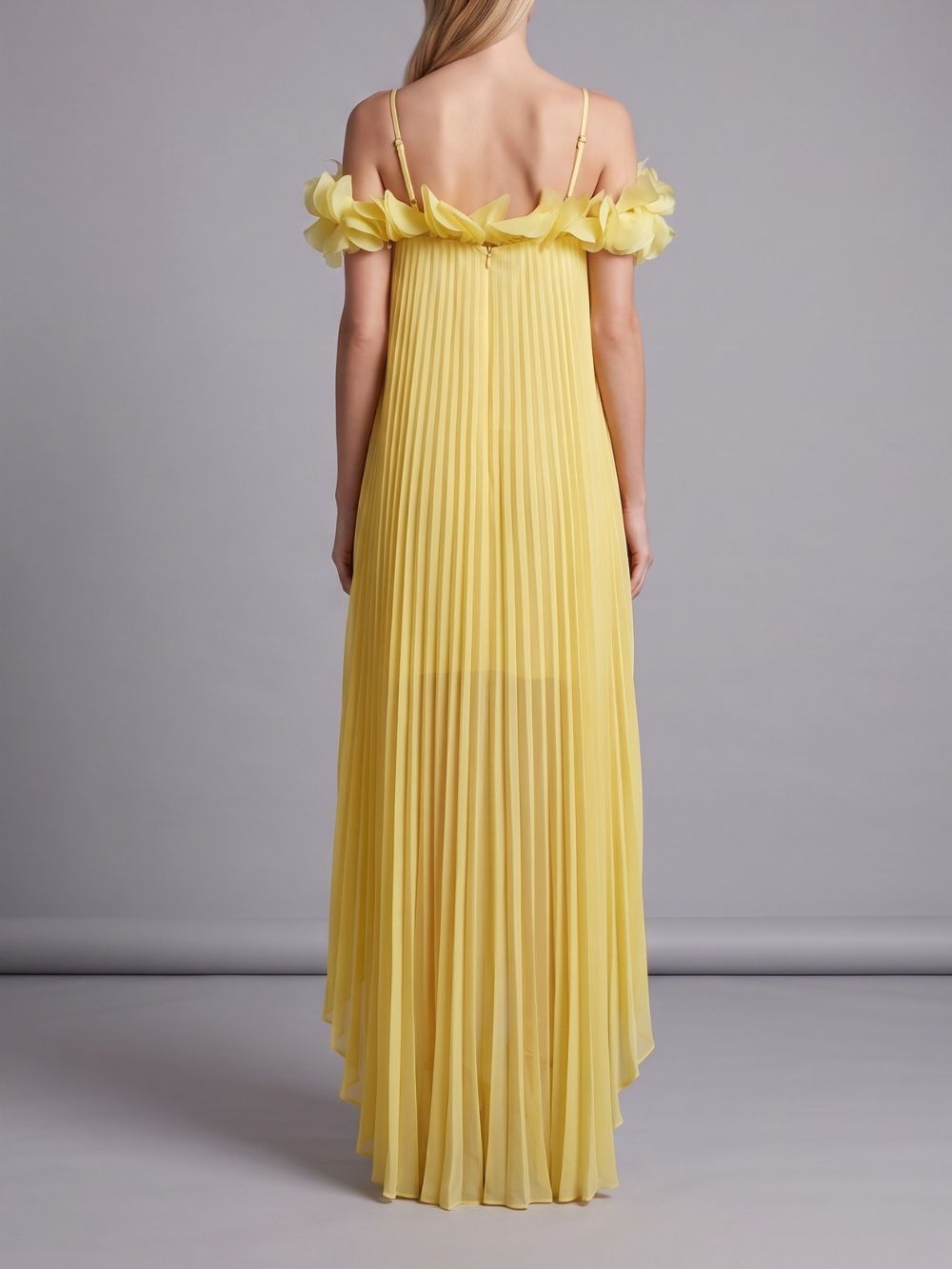 Mylie Yellow Spaghetti Flower Pleated Maxi Dress