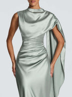 Sage Green Satin Asymmetrical Evening Gown with Draped Panel Flowering Girl