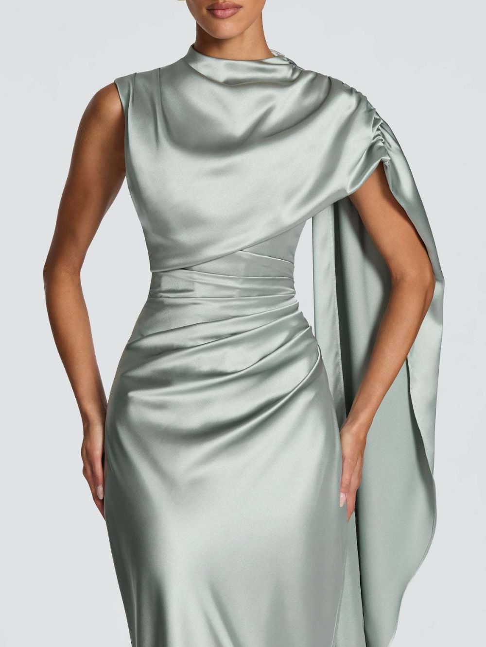 Sage Green Satin Asymmetrical Evening Gown with Draped Panel Flowering Girl