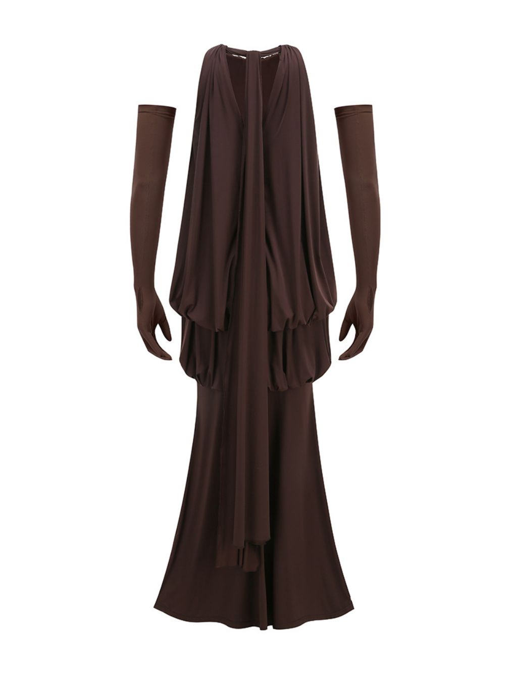 Myna Coffee Halter Pleated Maxi Dress With Gloves