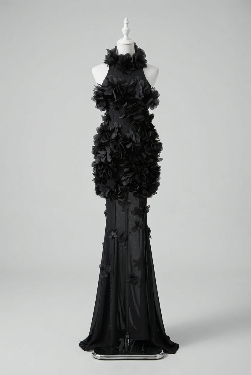 Black Crepe Fitted Bodice with Flowing Sheer Skirt Gown