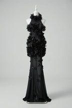 Black Crepe Fitted Bodice with Flowing Sheer Skirt Gown