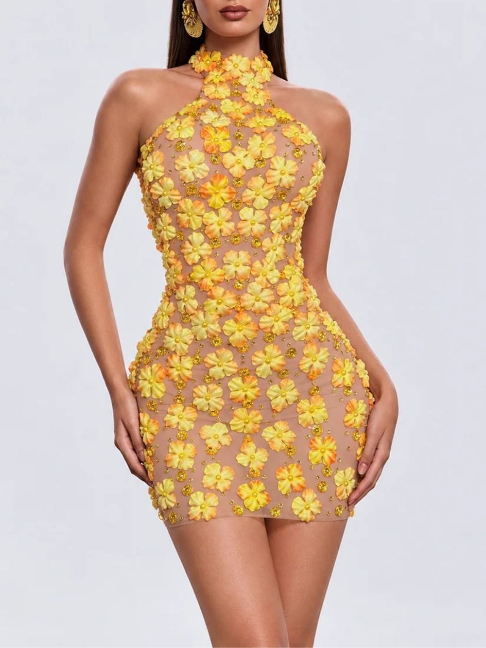 Hayfa Halterneck Flower Rhinestone Mini Dress Flowering Girl