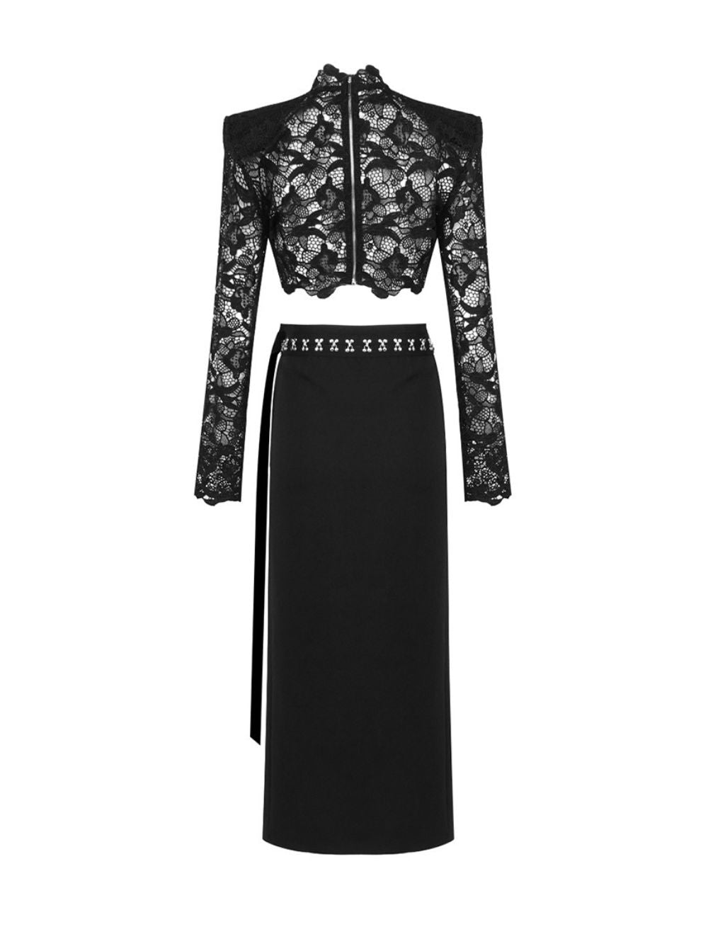 Black Floral Lace Crop Top and Wrap Midi Skirt Two-Piece Set