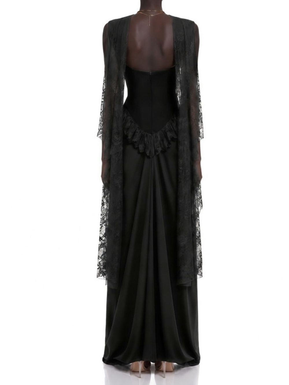 Black Velvet Corset Evening Gown with Lace Cape Sleeves and Satin Skirt