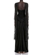 Black Velvet Corset Evening Gown with Lace Cape Sleeves and Satin Skirt