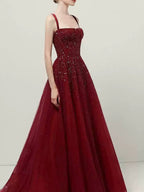 Burgundy Tulle A-Line Evening Gown