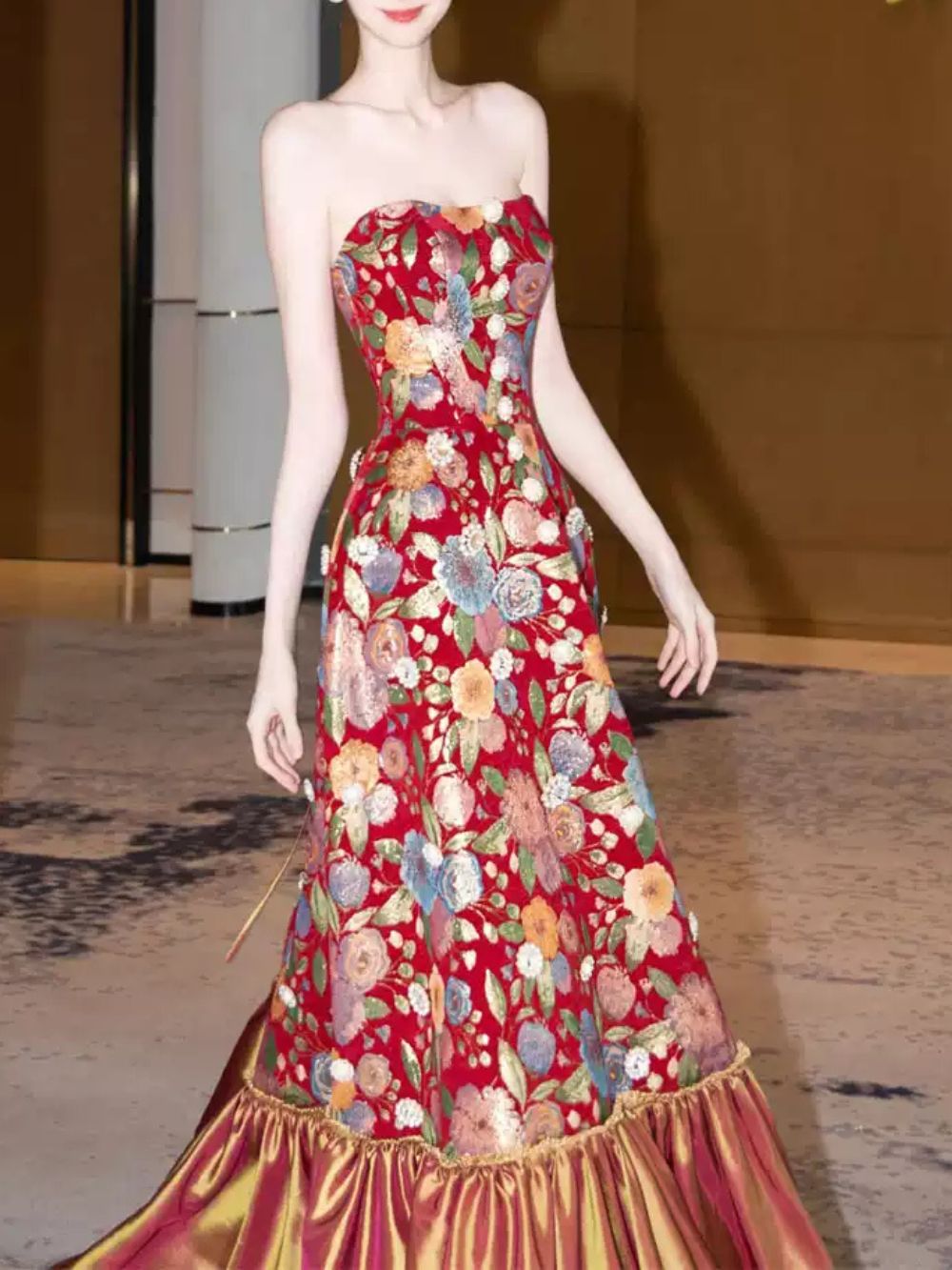 Mozelle Red Strapless Floral Maxi Dress