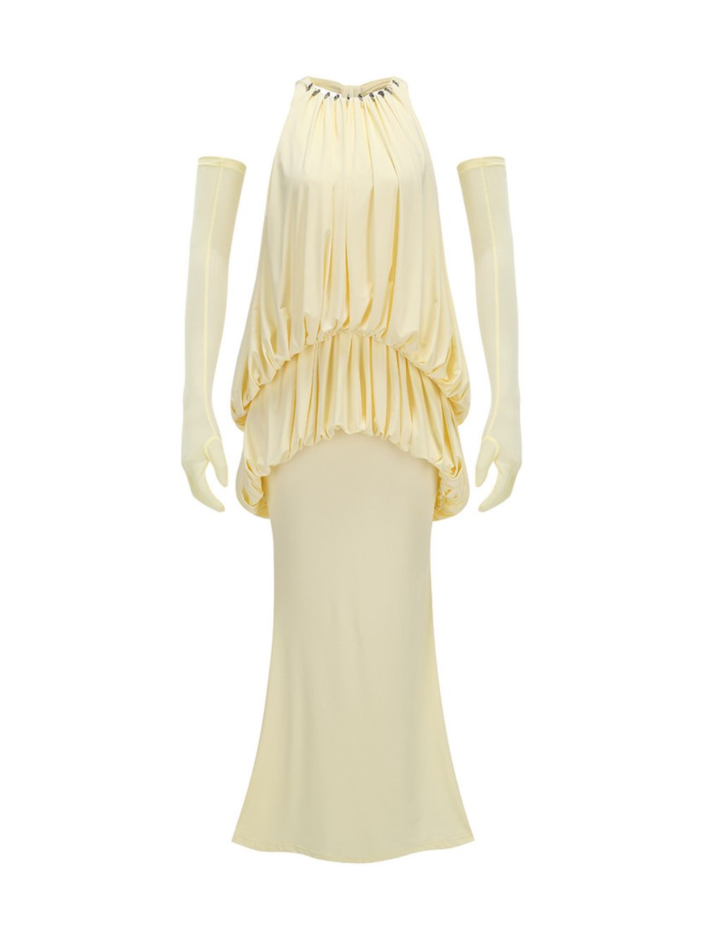 Myna Yellow Halter Pleated Maxi Dress With Gloves