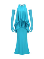 Myna Blue Halter Pleated Maxi Dress With Gloves
