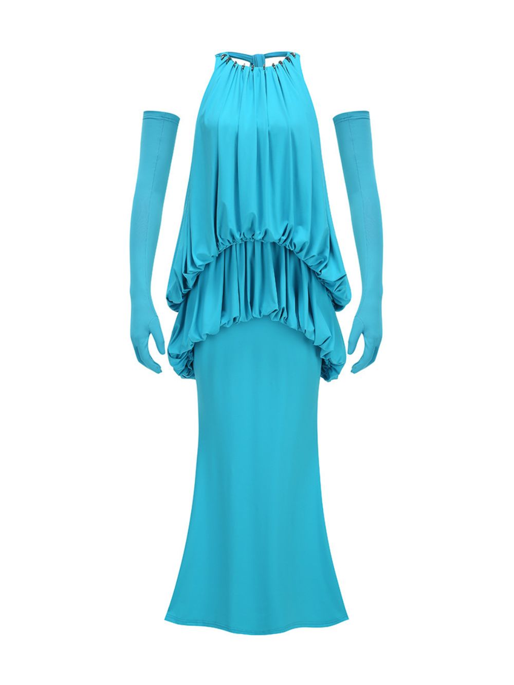Myna Blue Halter Pleated Maxi Dress With Gloves